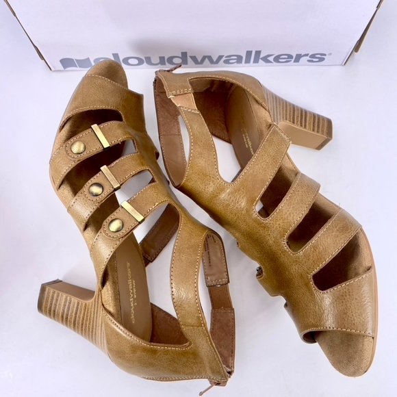 Cloudwalkers 9W Tan Parker 3.25 Inch Strappy Peep-toe Heels Gold Metal Accents - Picture 9 of 10